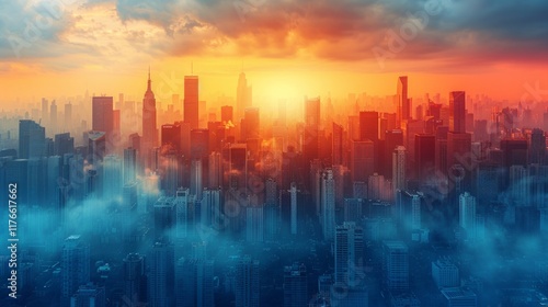 A city skyline with a fiery orange sunset and blue fog at the bottom. AI generative. .
