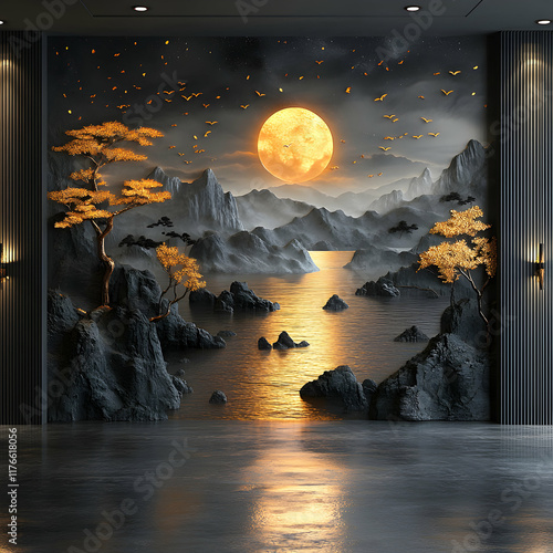 Serene 3D Landscape Wall Art: Golden Trees, Moonlit Mountains, and Tranquil Waters photo