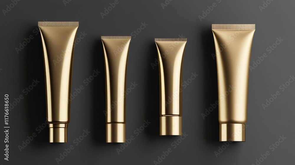 Realistic 3D vector illustration set of golden cosmetic tubes with different cap shapes. Perfect for skincare cream, toothpaste, or beauty cleanser packaging design. Realistic 3D vector illustration set of golden cosmetic tubes with different cap shapes. Perfect for skincare cream, toothpaste, or beauty cleanser packaging design.