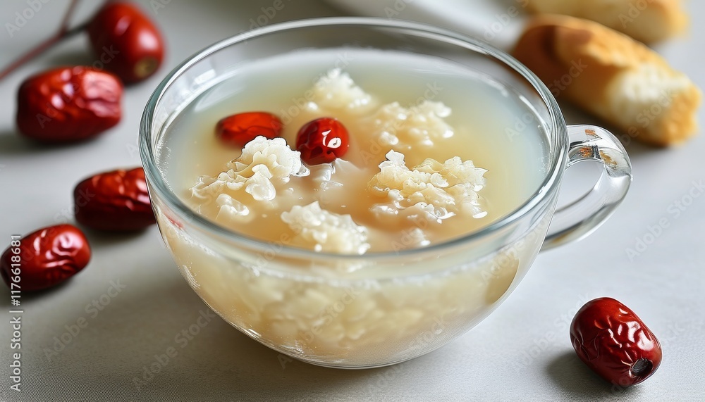 Warm Bowl of Snow Fungus Soup with Red Dates and Fresh Bread on White Tablecloth Warm Bowl of Snow Fungus Soup with Red Dates and Fresh Bread on White Tablecloth