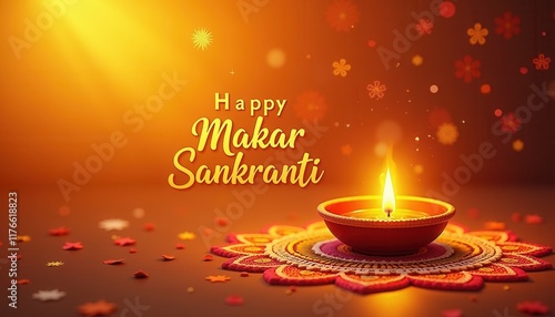 A glowing orange wallpaper with rangoli art and 'Happy Makar Sankranti' in traditional font. photo