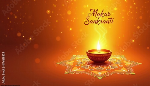 A glowing orange wallpaper with rangoli art and 'Happy Makar Sankranti' in traditional font. photo