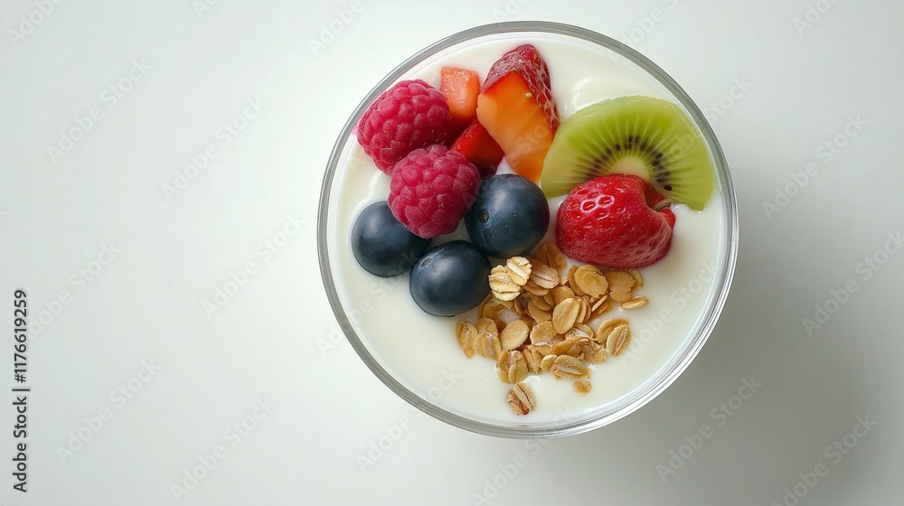 Top down view of vegetarian breakfast with granola and fruits on white background Top down view of vegetarian breakfast with granola and fruits on white background