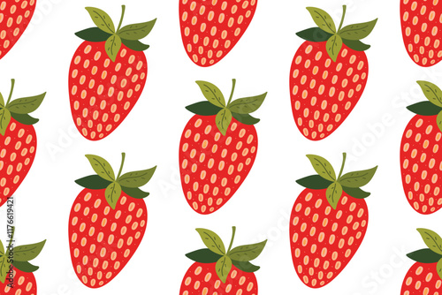 Seamless pattern with cute red strawberry in simple flat naive childish doodle style. Minimalist berry ornament