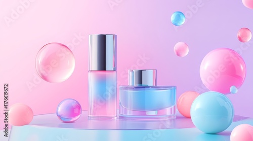Realistic vector illustration of makeup products. Cosmetic packages on the background of colorful glass circles. Advertising mockup, beauty banner template in pastel colors for online store.