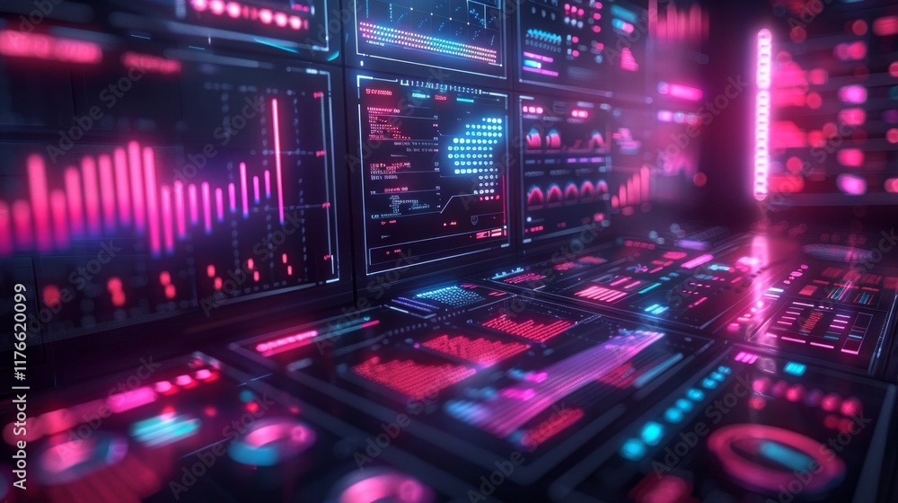 Digital screens with glowing pink and blue data and graphs. AI generative. . Digital screens with glowing pink and blue data and graphs. AI generative. .