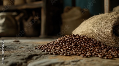 Roasted Coffee Beans Spilled from Burlap Sack in Rustic Setting photo