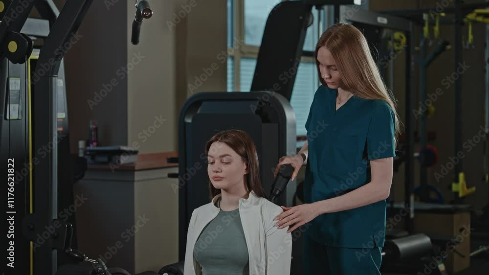 Massage using a massage gun in a sports rehabilitation clinic. Massage using a massage gun in a sports rehabilitation clinic.