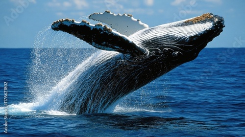 Majestic humpback whale breaching the ocean surface with an splash creating a dynamic and dramatic scene of power beauty and wonder in the marine environment photo