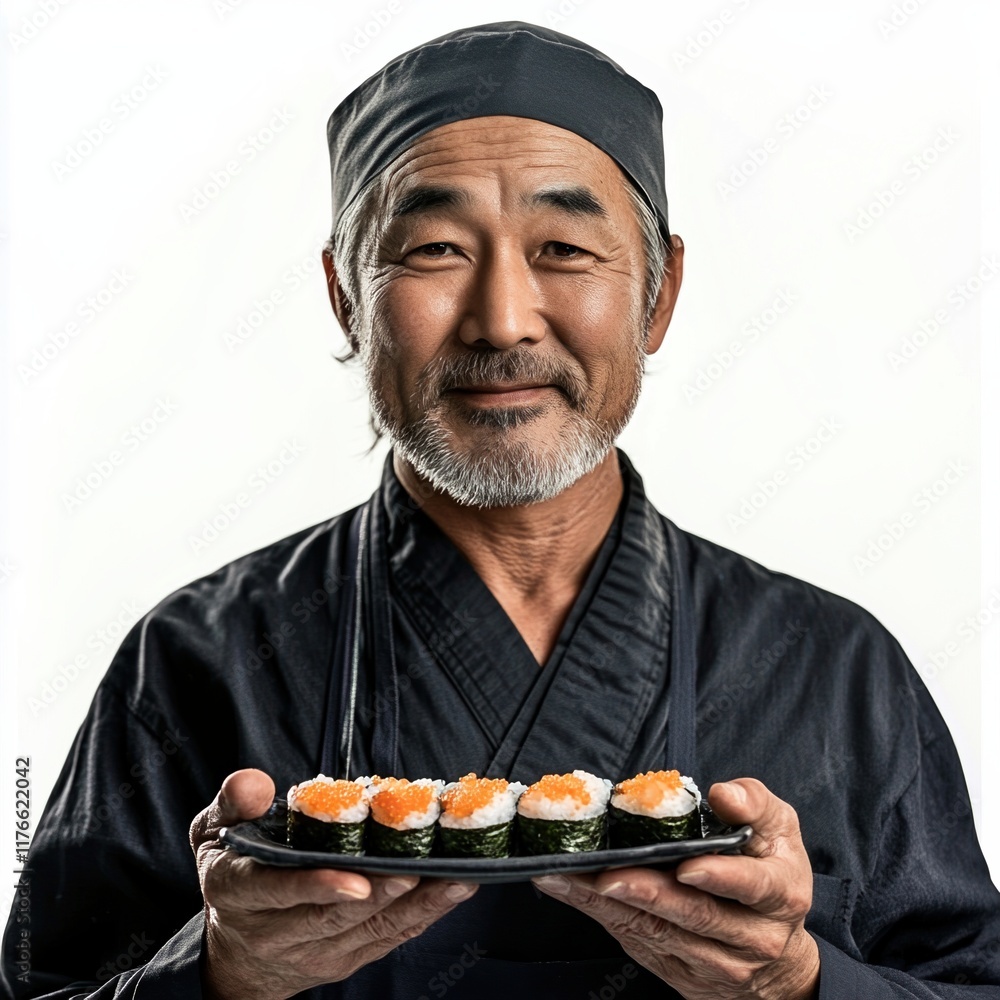 Traditional Japanese chef presenting sushi dish Traditional Japanese chef presenting sushi dish