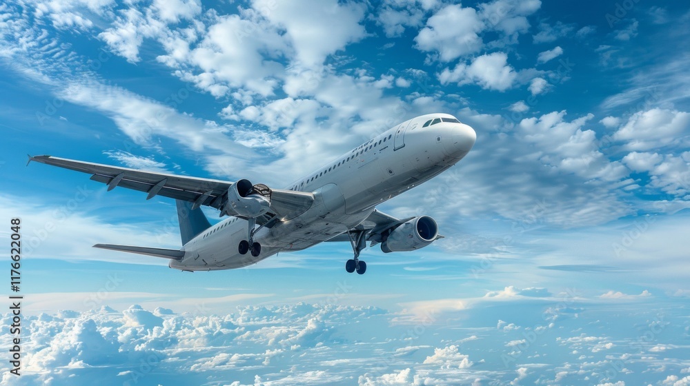 Fototapeta premium White airplane flying above the clouds, blue sky. AI generative. .