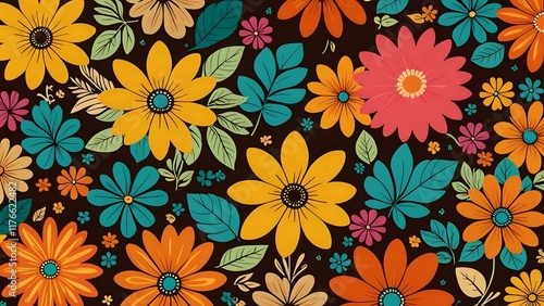 Wallpaper Mural 1970s retro background with earthy color palette, bold floral patterns, groovy textures, and psychedelic elements, reflecting the vintage vibe of the era. Torontodigital.ca