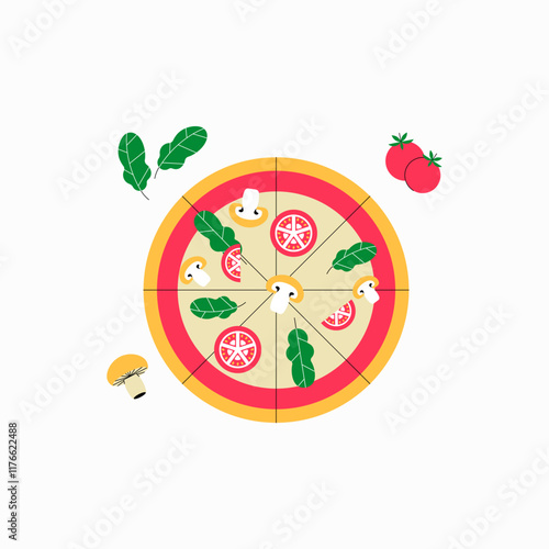 Pizza with tomato, mushroom, spinach toppings in flat vector illustration symbolizing fresh ingredients, delicious meals, and Italian cuisine, isolated on white background.