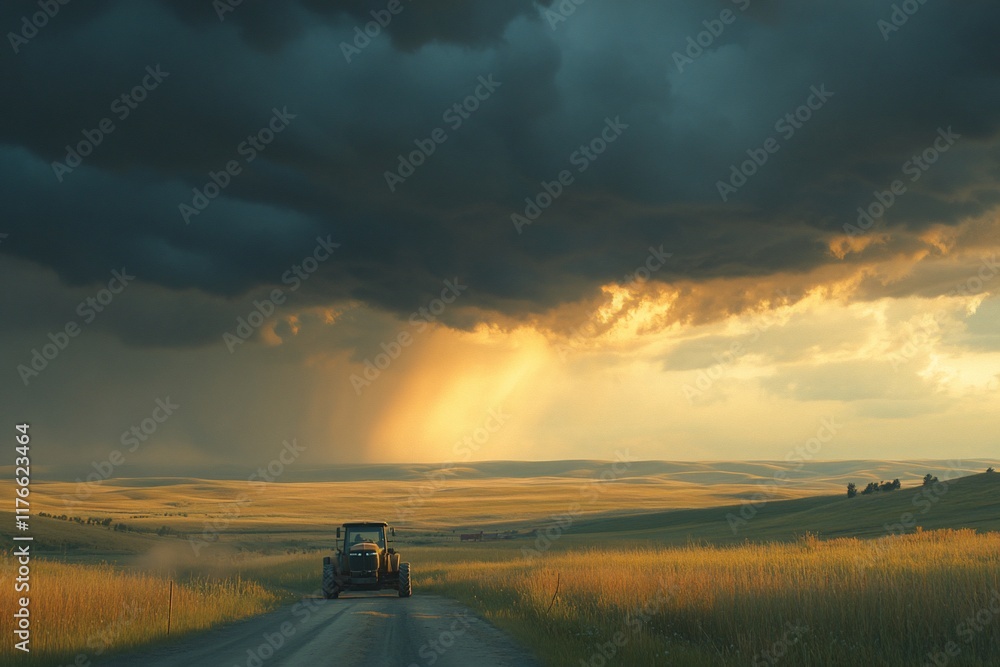 Fototapeta premium Tractor on rural road, storm approaching, sunset