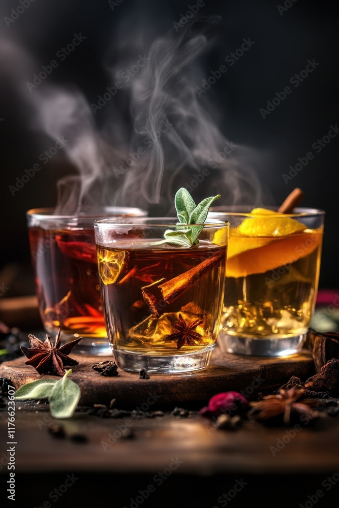 Herbal teas with steam rising showcase relaxation and wellness while promoting digestion and antioxidants in a cozy setting Herbal teas with steam rising showcase relaxation and wellness while promoting digestion and antioxidants in a cozy setting