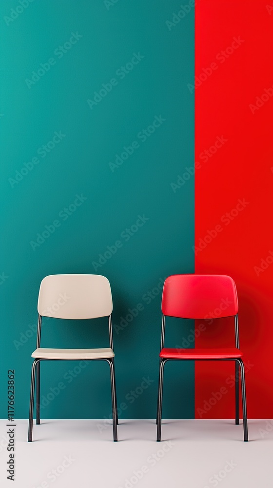 Obraz premium Two stylish chairs in contrasting colors against a vibrant wall, showcasing modern design elements and a playful color palette.