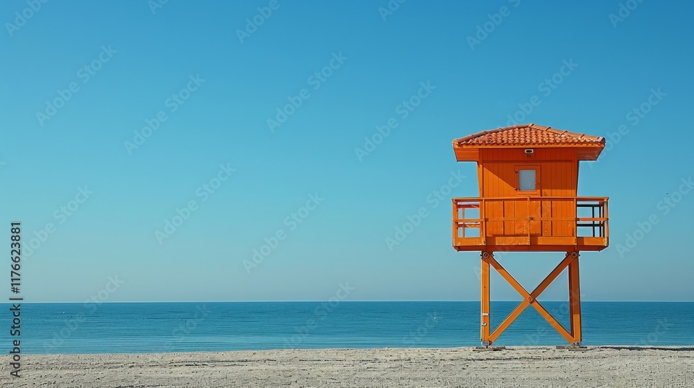 Orange lifeguard stand on a beach with blue ocean and sky. AI generative. . Orange lifeguard stand on a beach with blue ocean and sky. AI generative. .