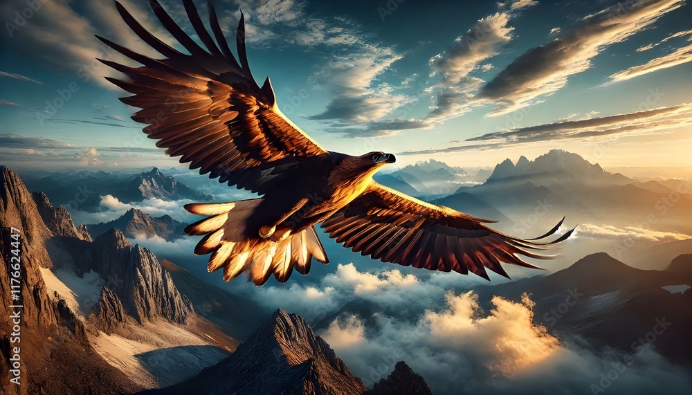 Obraz premium Majestic free eagle flying open wings above clouds and mountains, aerial view