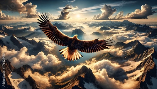 Majestic free eagle flying open wings above clouds and mountains, aerial view