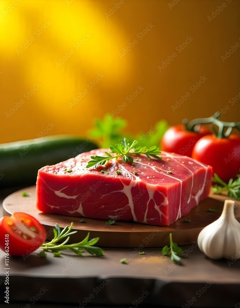 Raw beef and fresh vegetable on a trimmings ready for cooking on pan , yellow background
