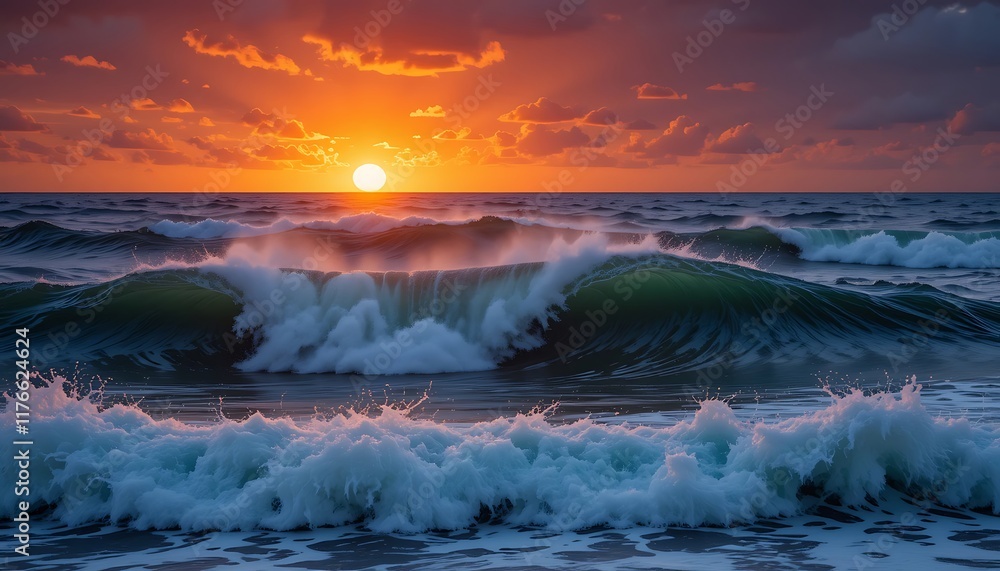 Fototapeta premium Dramatic Ocean Waves Beneath a Fiery Sunset Sky