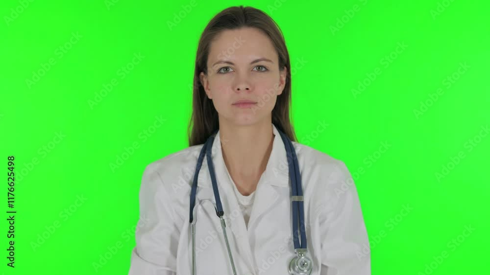 Portrait of Female Doctor with Thumbs Down on green background Portrait of Female Doctor with Thumbs Down on green background