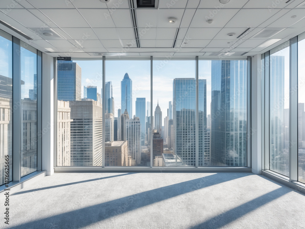 Fototapeta premium Bright empty office space with large panoramic windows overlooking a modern cityscape.