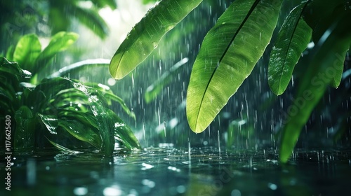 A vibrant Amazonian rainforest alive with lush greenery and tropical rain pouring down. Large leaves glisten with raindrops, and puddles form on the soft ground. The scene is untouched by human activi photo