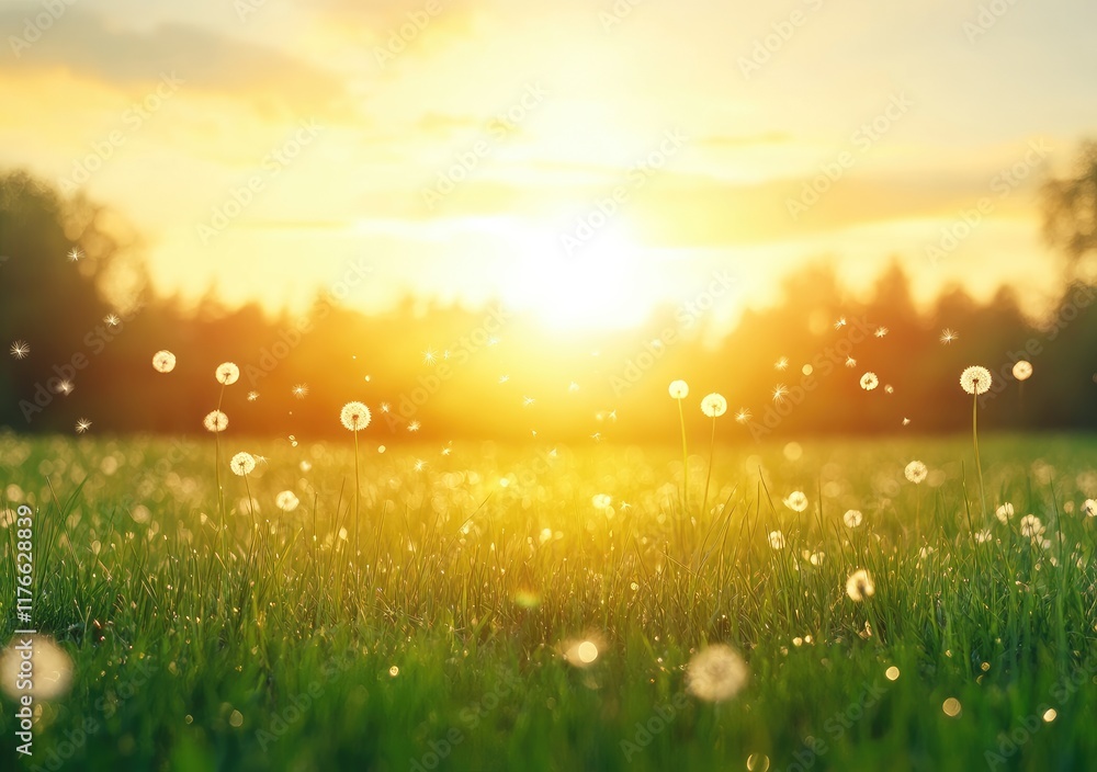 Fototapeta premium Nature’s Beauty: Dandelions in a Green Field and Blue Sky