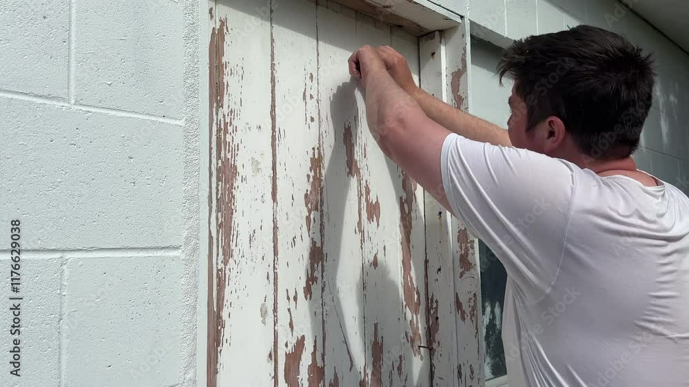 Caucasian man in a white t-shirt scraping old flaking paint off a wooden door set into a concrete block structure with a metal scraper tool. 