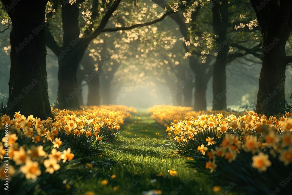 Obraz premium Daffodils blooming along path through forest in spring sunlight
