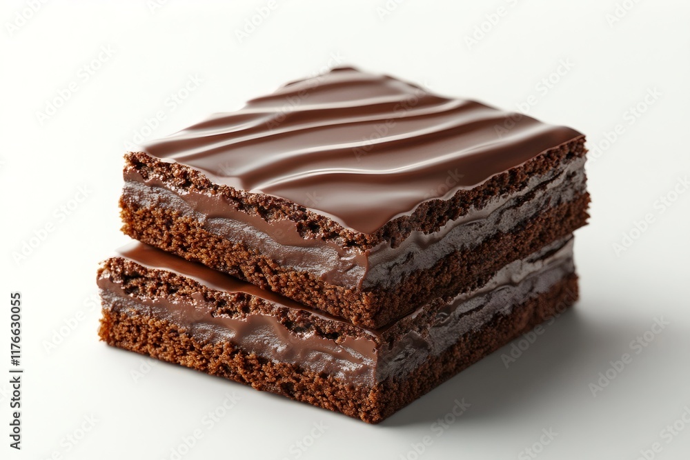 Two delicious brownies covered with chocolate cream layered on white background Two delicious brownies covered with chocolate cream layered on white background