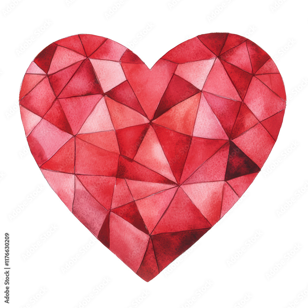 custom made wallpaper toronto digitalGeometric red heart designed with intricate watercolor patterns featuring vibrant mix of shades and angular details, perfect for artistic and romantic themes. Isolated on transparent background, png.