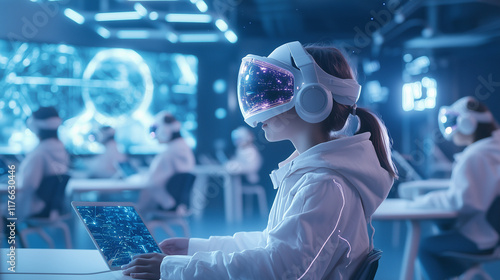 VR Classroom: A young woman...