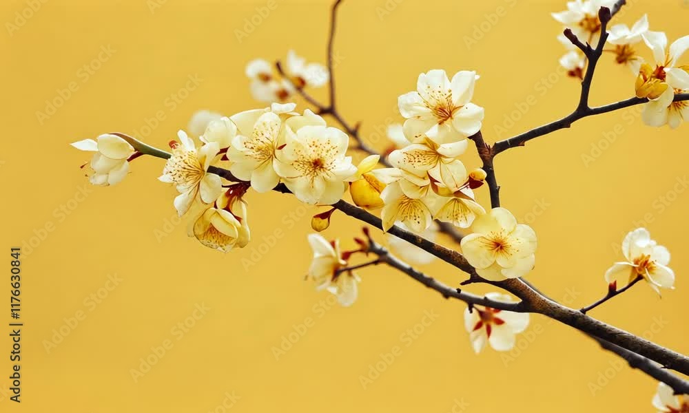 Branch with white plum blossoms against yellow background Branch with white plum blossoms against yellow background
