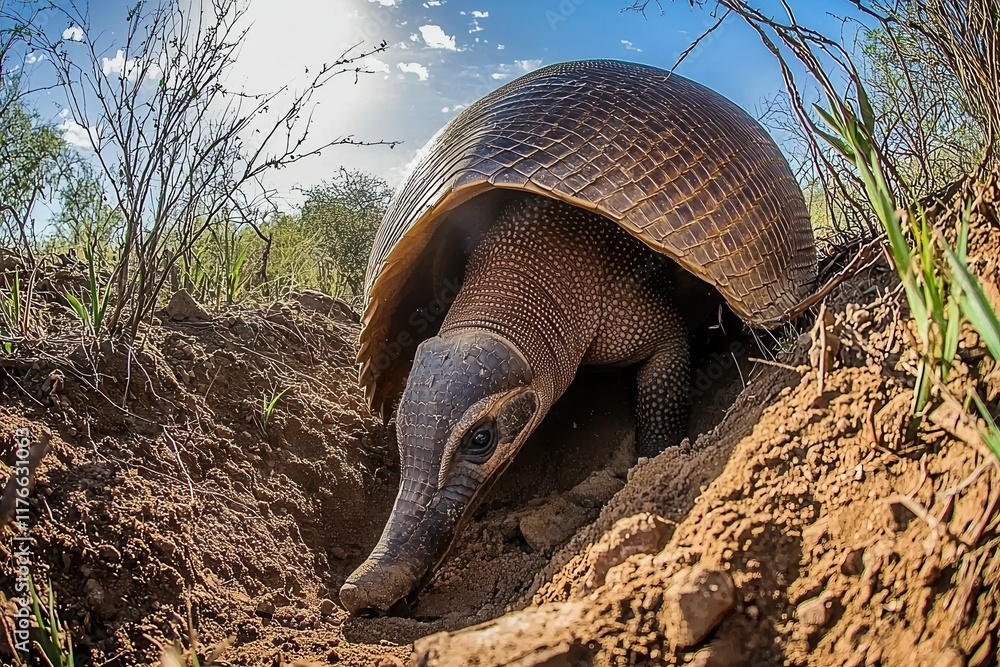 Fototapeta premium A close-up of a giant armadillo digging its burrow in the dry soil of the Chaco region