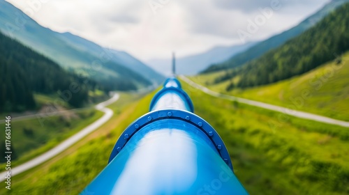 Blue Pipe Leading Through Verdant Hills and Rolling Landscape