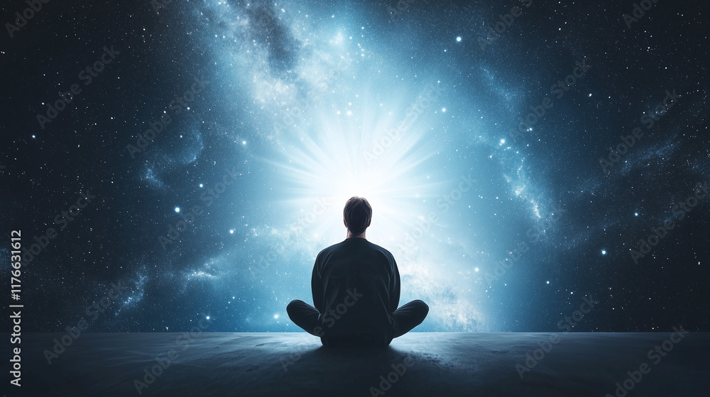 Cosmic Awakening: Silhouette of a person meditating, bathed in ethereal light emanating from a cosmic backdrop. A journey of self-discovery and spiritual enlightenment. Cosmic Awakening: Silhouette of a person meditating, bathed in ethereal light emanating from a cosmic backdrop. A journey of self-discovery and spiritual enlightenment.
