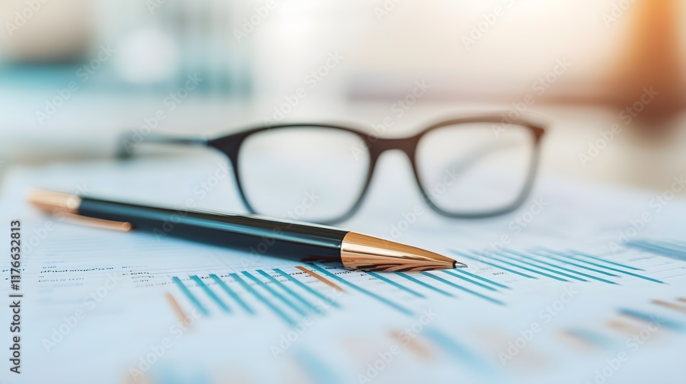 Fototapeta premium Classic Workspace with Pen and Glasses on Business Documents