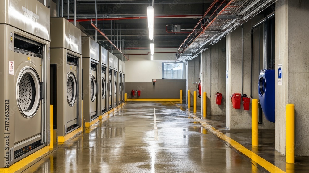 Obraz premium Industrial laundry room; rows of large washing machines.