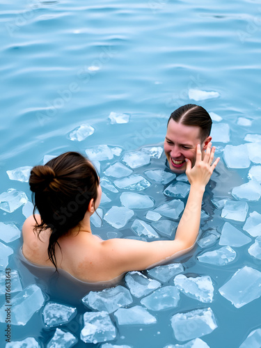 Girl or woman ice bathing in the cold water among ice cubes with the teacher or trainer. Wim Hof Method, cold therapy, breathing techniques, yoga and meditation photo