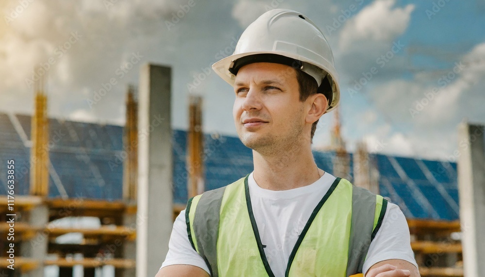 man in vest and helmet at construction site man in vest and helmet at construction site
