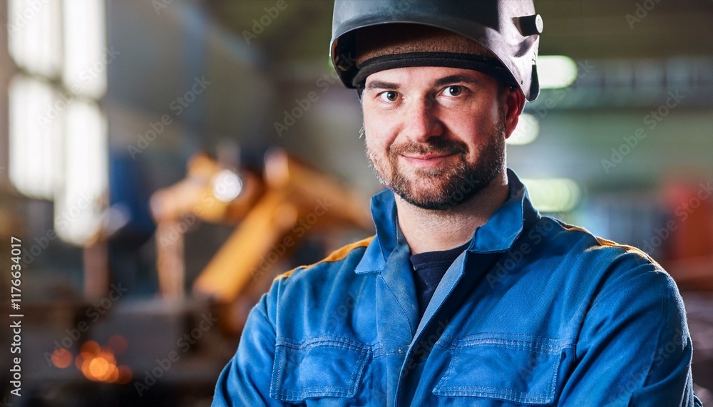 Portrait of a welder welding metal in a factory. Worker portrait. Industrial workshop. Portrait of a welder welding metal in a factory. Worker portrait. Industrial workshop.