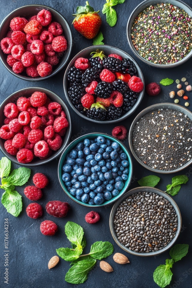 Colorful smoothie bowls topped with fresh fruits and seeds, showcasing modern health trends in a vibrant setting Colorful smoothie bowls topped with fresh fruits and seeds, showcasing modern health trends in a vibrant setting