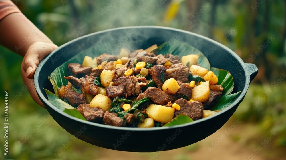 Fototapeta premium Delicious beef stew preparation outdoor setting recipe showcase lush forest close-up culinary traditions