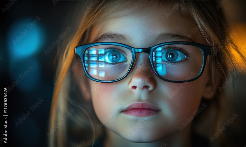 Girl, glasses, screen reflection, focused, pensive. Girl, glasses, screen reflection, focused, pensive.
