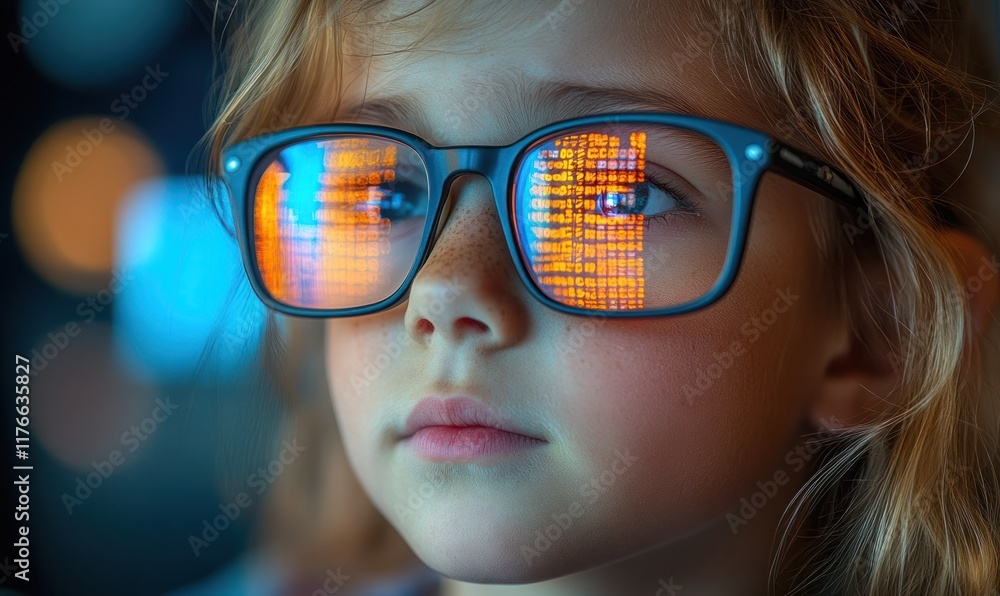 Girl's face, glasses reflecting code, pensive expression. Girl's face, glasses reflecting code, pensive expression.