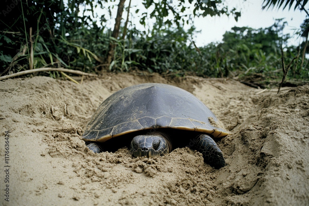 Obraz premium A close-up of a giant river turtle laying eggs on a sandy riverbank in the Amazon
