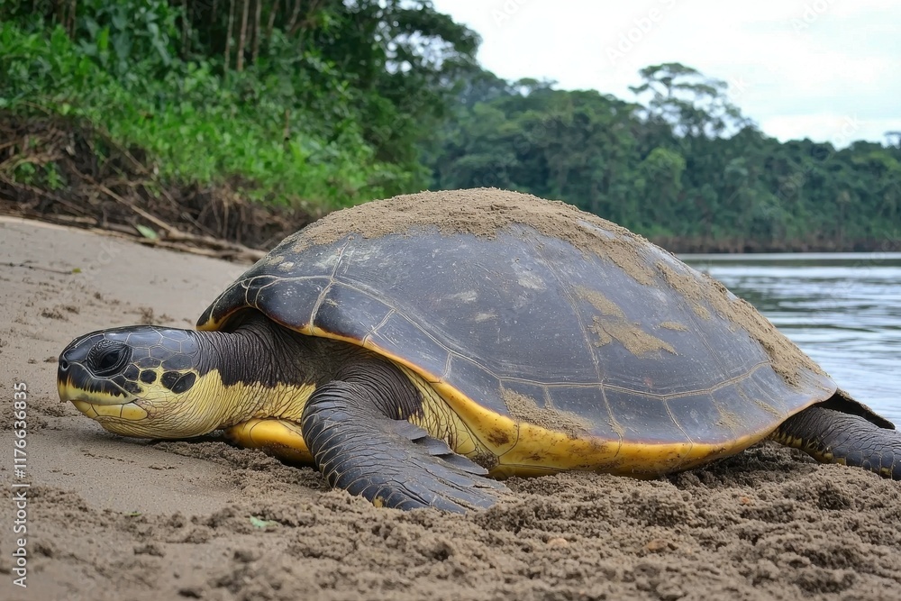 Obraz premium A close-up of a giant river turtle laying eggs on a sandy riverbank in the Amazon