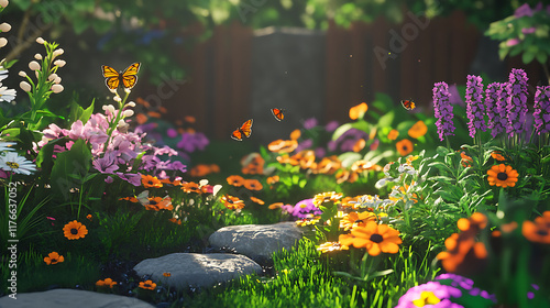 Fototapeta Naklejka Na Ścianę i Meble -  featuring flowers that attract bees and butterflies arranged in a vibrant garden 